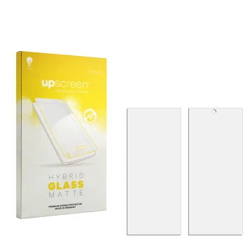 Parte frontal de un envase de producto con el logotipo de la marca upscreen. Al lado está el protector de pantalla correspondi