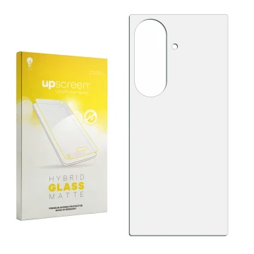 Parte frontal de un envase de producto con el logotipo de la marca upscreen. Al lado está el protector de pantalla correspondi