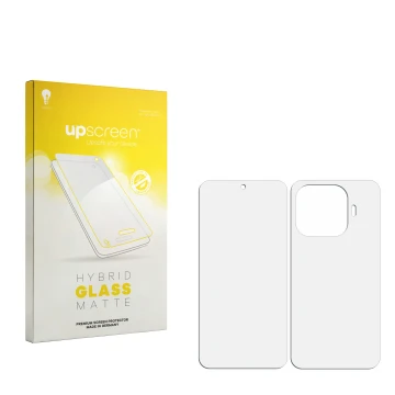 Parte frontal de un envase de producto con el logotipo de la marca upscreen. Al lado está el protector de pantalla correspondi