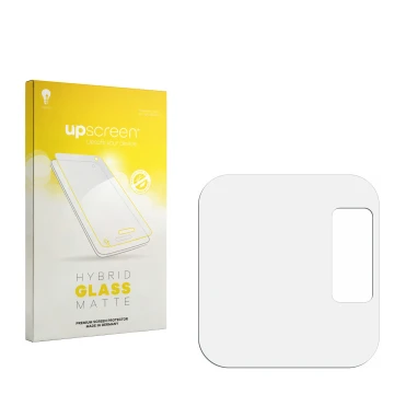 Parte frontal de un envase de producto con el logotipo de la marca upscreen. Al lado está el protector de pantalla correspondi