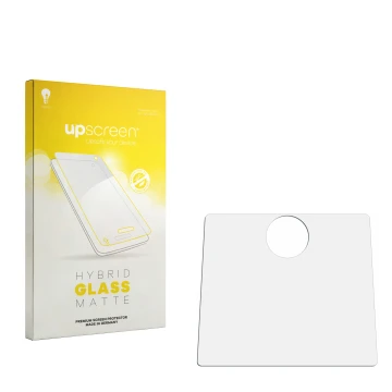 Parte frontal de un envase de producto con el logotipo de la marca upscreen. Al lado está el protector de pantalla correspondi