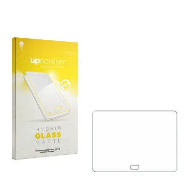 Parte frontal de un envase de producto con el logotipo de la marca upscreen. Al lado está el protector de pantalla correspondi