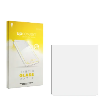 Parte frontal de un envase de producto con el logotipo de la marca upscreen. Al lado está el protector de pantalla correspondi
