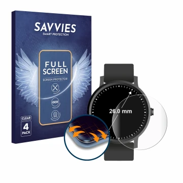 Parte frontal de un envase de producto con el logotipo de la marca Savvies. Al lado se muestra el dispositivo Relojes (Circula