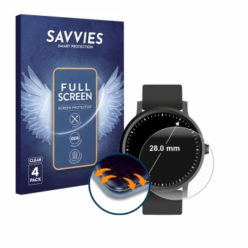Parte frontal de un envase de producto con el logotipo de la marca Savvies. Al lado se muestra el dispositivo Relojes (Circula