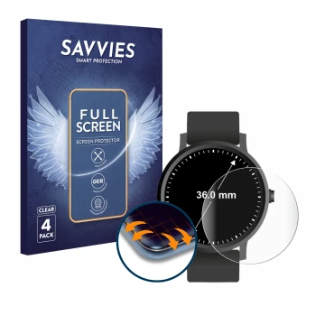 Parte frontal de un envase de producto con el logotipo de la marca Savvies. Al lado se muestra el dispositivo Relojes (Circula