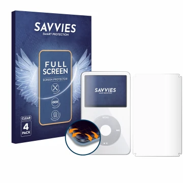 Parte frontal de un envase de producto con el logotipo de la marca Savvies. Al lado se muestra el dispositivo Apple iPod Class
