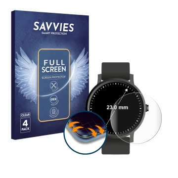 Parte frontal de un envase de producto con el logotipo de la marca Savvies. Al lado se muestra el dispositivo Relojes (Circula