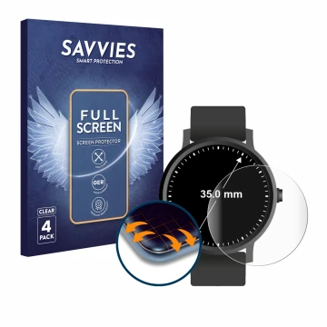 Parte frontal de un envase de producto con el logotipo de la marca Savvies. Al lado se muestra el dispositivo Relojes (Circula
