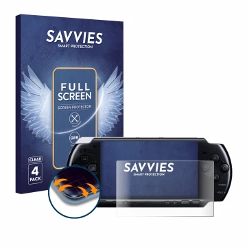 Parte frontal de un envase de producto con el logotipo de la marca Savvies. Al lado se muestra el dispositivo Sony PSP 3004 co