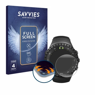 Parte frontal de un envase de producto con el logotipo de la marca Savvies. Al lado se muestra el dispositivo Suunto Core All 