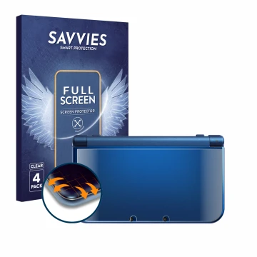 Parte frontal de un envase de producto con el logotipo de la marca Savvies. Al lado se muestra el dispositivo Nintendo New 3DS