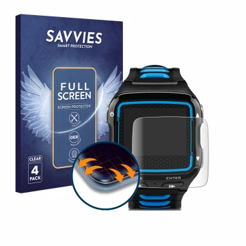 Parte frontal de un envase de producto con el logotipo de la marca Savvies. Al lado se muestra el dispositivo Garmin Forerunne