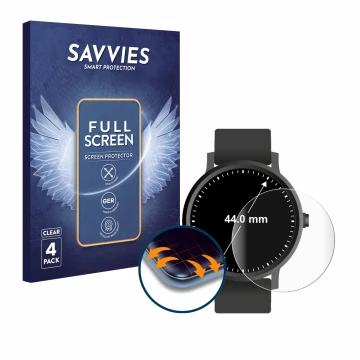 Parte frontal de un envase de producto con el logotipo de la marca Savvies. Al lado se muestra el dispositivo Relojes (Circula