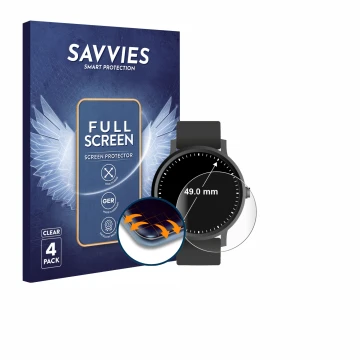 Parte frontal de un envase de producto con el logotipo de la marca Savvies. Al lado se muestra el dispositivo Relojes (Circula