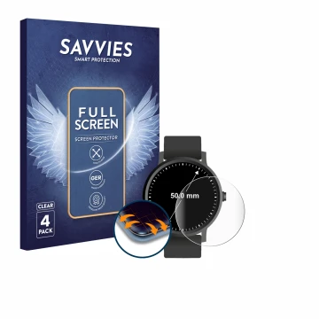 Parte frontal de un envase de producto con el logotipo de la marca Savvies. Al lado se muestra el dispositivo Relojes (Circula