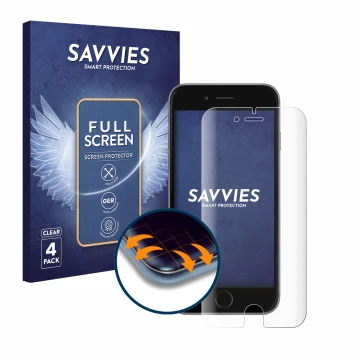 Parte frontal de un envase de producto con el logotipo de la marca Savvies. Al lado se muestra el dispositivo Apple iPhone 6S 