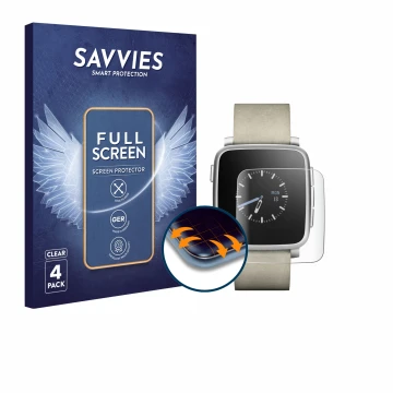 Parte frontal de un envase de producto con el logotipo de la marca Savvies. Al lado se muestra el dispositivo Pebble Time Stee