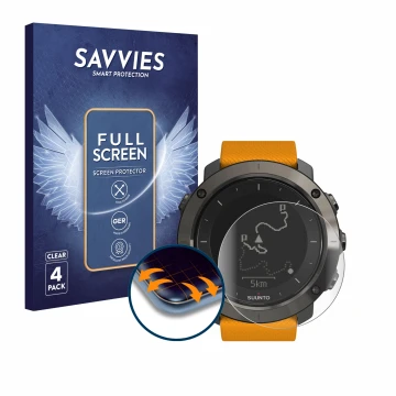 Parte frontal de un envase de producto con el logotipo de la marca Savvies. Al lado se muestra el dispositivo Suunto Traverse 