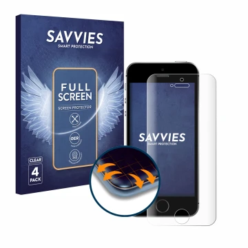 Parte frontal de un envase de producto con el logotipo de la marca Savvies. Al lado se muestra el dispositivo Apple iPhone SE 