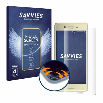 Parte frontal de un envase de producto con el logotipo de la marca Savvies. Al lado se muestra el dispositivo Sony Xperia X co