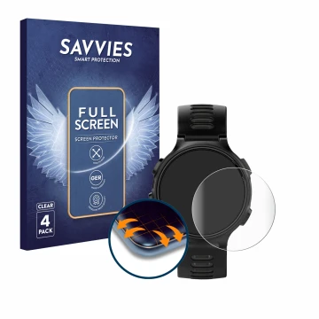 Parte frontal de un envase de producto con el logotipo de la marca Savvies. Al lado se muestra el dispositivo Garmin Forerunne
