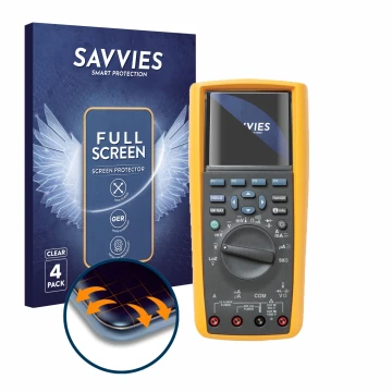 Parte frontal de un envase de producto con el logotipo de la marca Savvies. Al lado se muestra el dispositivo Fluke MultiMeter