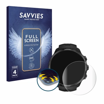 Parte frontal de un envase de producto con el logotipo de la marca Savvies. Al lado se muestra el dispositivo Suunto Spartan S