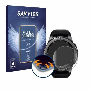 Parte frontal de un envase de producto con el logotipo de la marca Savvies. Al lado se muestra el dispositivo Samsung Gear S3 