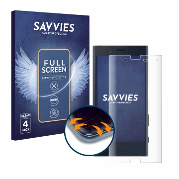 Parte frontal de un envase de producto con el logotipo de la marca Savvies. Al lado se muestra el dispositivo Sony Xperia X Co