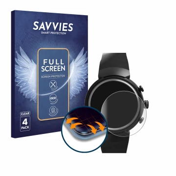 Parte frontal de un envase de producto con el logotipo de la marca Savvies. Al lado se muestra el dispositivo ASUS ZenWatch 3 