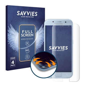 Parte frontal de un envase de producto con el logotipo de la marca Savvies. Al lado se muestra el dispositivo Samsung Galaxy A
