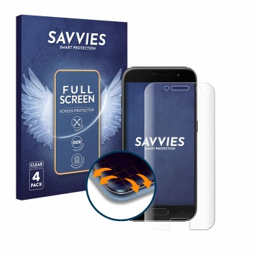 Parte frontal de un envase de producto con el logotipo de la marca Savvies. Al lado se muestra el dispositivo Samsung Galaxy A