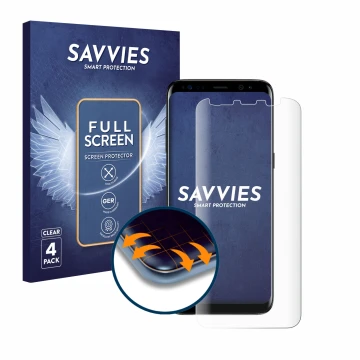 Parte frontal de un envase de producto con el logotipo de la marca Savvies. Al lado se muestra el dispositivo Samsung Galaxy S