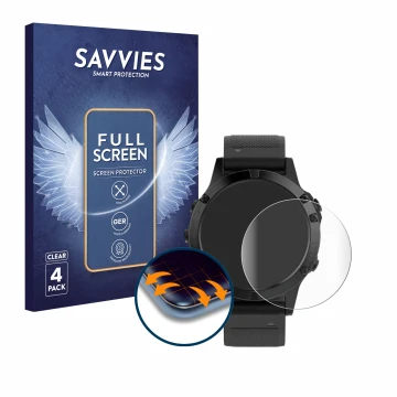 Parte frontal de un envase de producto con el logotipo de la marca Savvies. Al lado se muestra el dispositivo Garmin Fenix 5 (