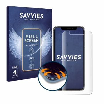 Parte frontal de un envase de producto con el logotipo de la marca Savvies. Al lado se muestra el dispositivo Apple iPhone X c