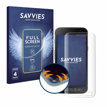 Parte frontal de un envase de producto con el logotipo de la marca Savvies. Al lado se muestra el dispositivo Samsung Galaxy X
