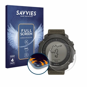 Parte frontal de un envase de producto con el logotipo de la marca Savvies. Al lado se muestra el dispositivo Suunto Traverse 