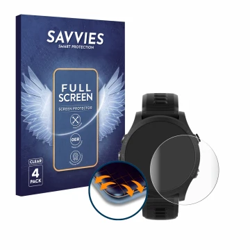 Parte frontal de un envase de producto con el logotipo de la marca Savvies. Al lado se muestra el dispositivo Garmin Forerunne
