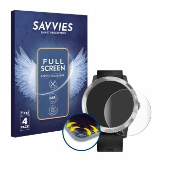 Parte frontal de un envase de producto con el logotipo de la marca Savvies. Al lado se muestra el dispositivo Garmin vivoactiv