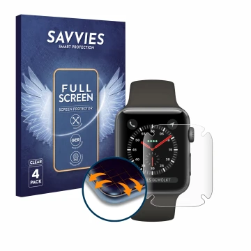 Parte frontal de un envase de producto con el logotipo de la marca Savvies. Al lado se muestra el dispositivo Apple Watch Seri