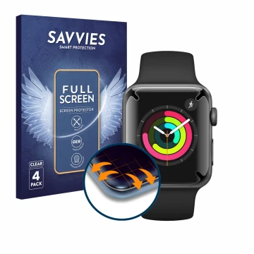 Parte frontal de un envase de producto con el logotipo de la marca Savvies. Al lado se muestra el dispositivo Apple Watch Seri