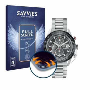 Parte frontal de un envase de producto con el logotipo de la marca Savvies. Al lado se muestra el dispositivo TAG Heuer Carrer
