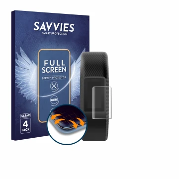 Parte frontal de un envase de producto con el logotipo de la marca Savvies. Al lado se muestra el dispositivo Garmin Vivosport