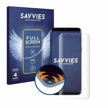 Parte frontal de un envase de producto con el logotipo de la marca Savvies. Al lado se muestra el dispositivo Samsung Galaxy S