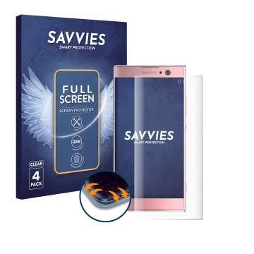 Parte frontal de un envase de producto con el logotipo de la marca Savvies. Al lado se muestra el dispositivo Sony Xperia XA2 