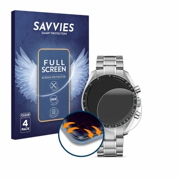 Parte frontal de un envase de producto con el logotipo de la marca Savvies. Al lado se muestra el dispositivo Omega Speedmaste