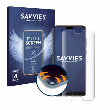 Parte frontal de un envase de producto con el logotipo de la marca Savvies. Al lado se muestra el dispositivo Huawei P20 con s