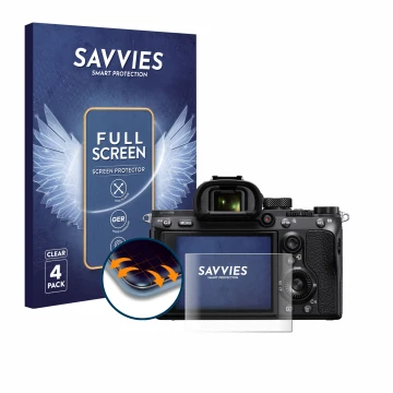 Parte frontal de un envase de producto con el logotipo de la marca Savvies. Al lado se muestra el dispositivo Sony Alpha 7 III