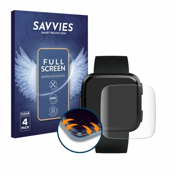 Parte frontal de un envase de producto con el logotipo de la marca Savvies. Al lado se muestra el dispositivo Fitbit Versa con